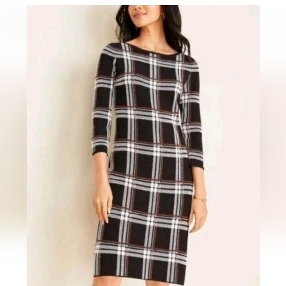 Ann Taylor Dresses & Skirts - Ann Taylor Plaid Knit Sweater Dress 3/4 Sleeve Black Brown White Women's Size PL